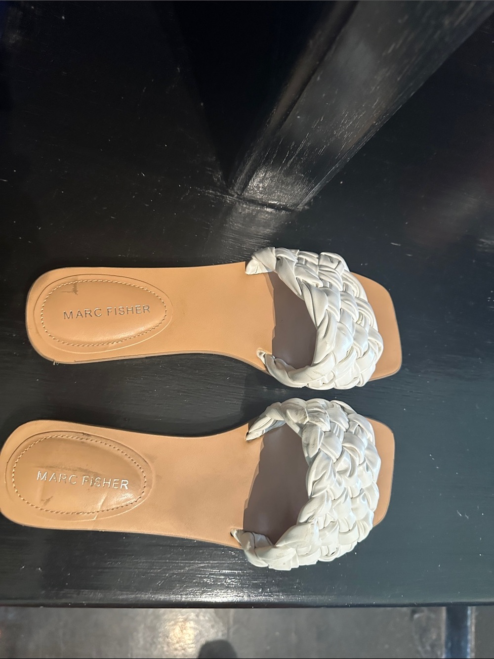 Marc Fisher White Braided Slide Sandals with Tan Footbed